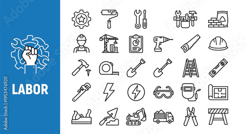Collection of construction and labor related line icons on a blue background