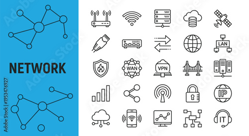 Collection of network icons depicting connectivity and data transfer