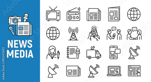 Variety of news media icons depicting broadcasting reporting and communication