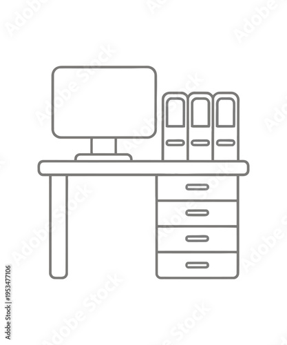 Minimalist vector of a desk with a computer monitor and three binders on a wooden surface