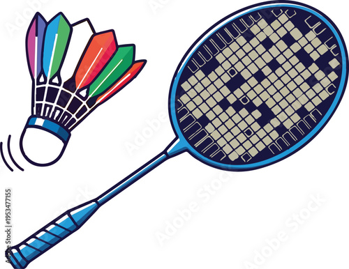 Badminton Racket and Colorful Shuttlecock Illustration - Vibrant Sports Vector Clipart