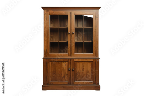 Wooden display cabinet with glass doors on transparent background, showcasing classic furniture design for interior concepts