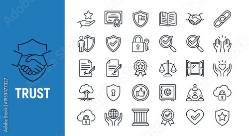 Collection of line icons representing trust security and legal concepts