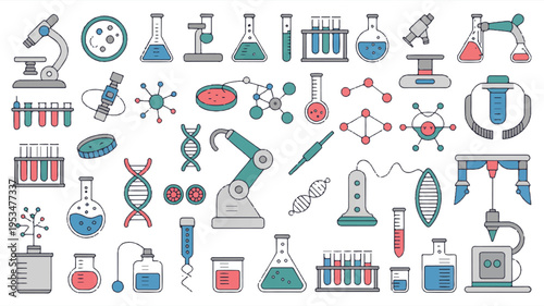 Modern science icons with colors: robots, microscopes, DNA, beakers, and digital displays for research and technology