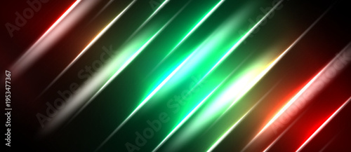 Abstract diagonal lines, vibrant red, green hues. Smooth gradients create dynamic visual effect. Dark background emphasizes bright streaks.