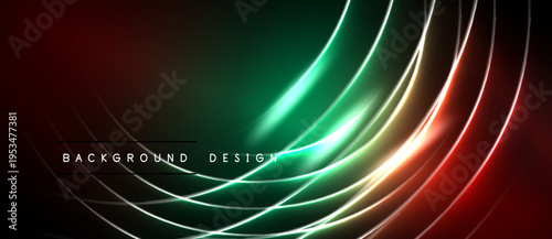 Abstract background features vibrant curves. Red, green, orange hues blend, creating dynamic visual effect. Modern design element.