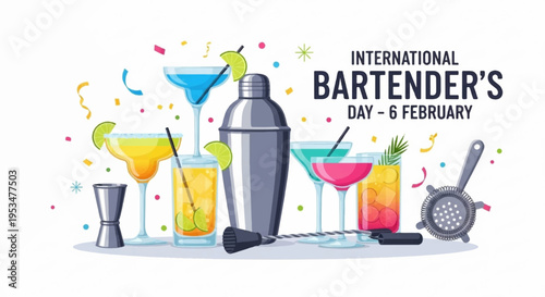 Bartender's day celebration with colorful cocktails and mixology tools on february 6th international bartender's day