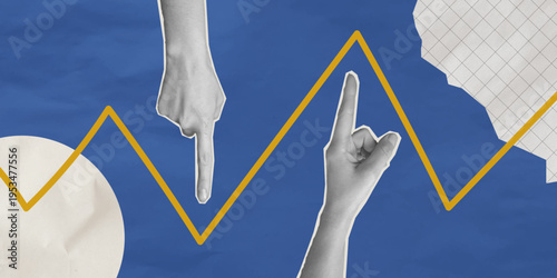 Falling trading market and investment losses. Trendy halftone collage of business failure with arrow and pointing hands. Financial problems and crisis. Vector EPS