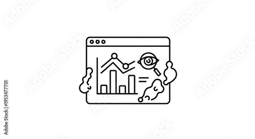 Business analytics graph on screen with magnifying glass and eye icon, data analysis concept