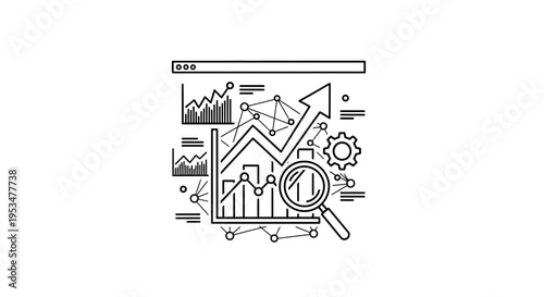 Business analytics graph with magnifying glass and upward trend arrow