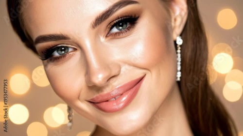 Beautiful young woman with glamorous makeup smiling at camera with warm bokeh lights in the background