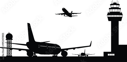 PrintBlack silhouette of commercial airplanes taking off and taxiing at international airport with control tower