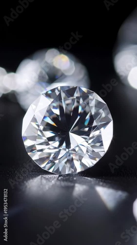 Macro close-up of a sparkling brilliant-cut diamond with diffused bokeh lights on a dark reflective surface