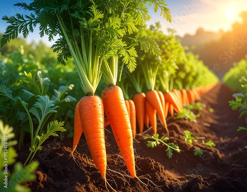 A vibrant row of freshly grown carrots in a sunny garden bed