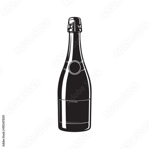 Champagne bottle, sparkling wine, alcoholic beverage, celebration drink, glass container, formal event, festive liquid, vintage style illustration