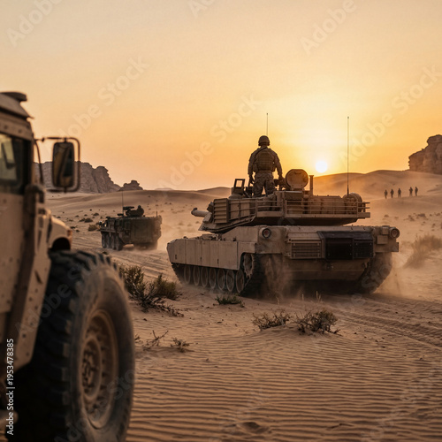 Fotografie A powerful M1 Abrams tank and a Humvee convoy moving through a dusty desert landscape during a vibrant sunset