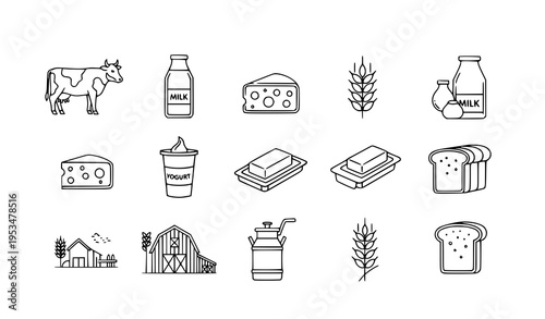 Dairy product icons cow milk cheese yogurt line vector set