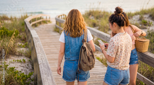 Obraz na płótnie Three young women walk on a wooden boardwalk through sandy dunes towards the ocean on a bright, sunny day