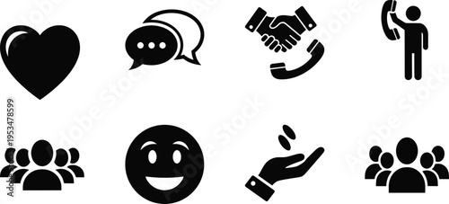 Black and white cartoon of heart emotions and human gestures love