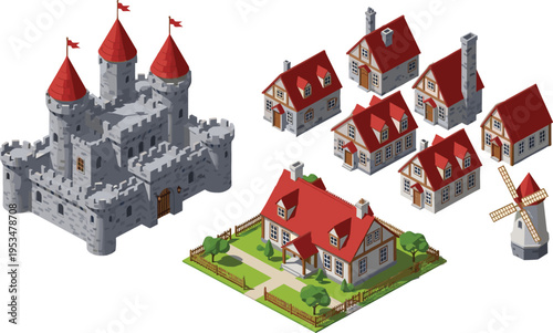 Medieval isometric building set featuring a stone castle village houses farmhouse and windmill with red roofs vector illustration.