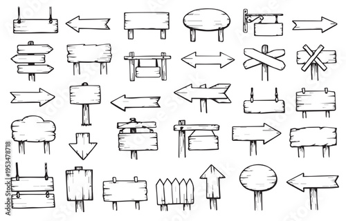 Hand drawn set of wooden road signs, hanging blank wood banners and directional arrows collection isolated on white background.