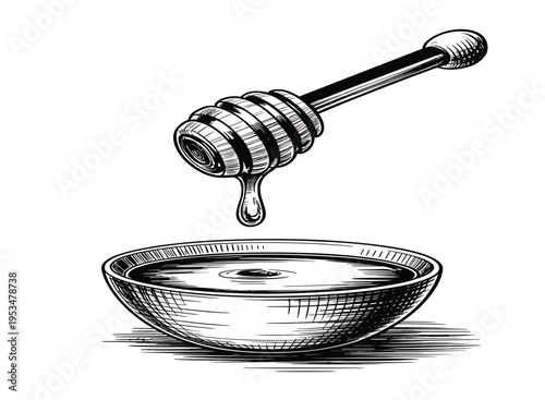 Vintage honey dipper with bowl vector, hand drawn engraving illustration, organic sweet nectar food design