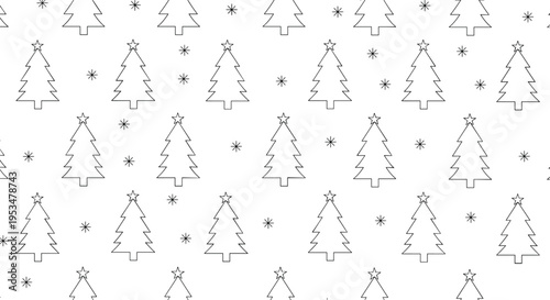 Minimalist seamless pattern featuring black outline drawings of stylized Christmas trees and small stars on white.