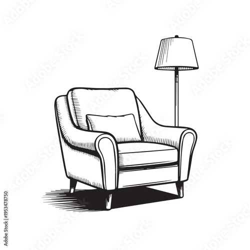 Cozy armchair with floor lamp and cushion, vintage style illustration, cozy seating for living room, comfort furniture, home decor, interior design element
