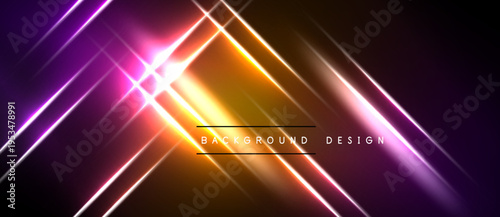Vibrant neon lines intersect, creating dynamic light effects. Gradient colors blend from purple to orange, with bright central glow. Dark background enhances luminosity.