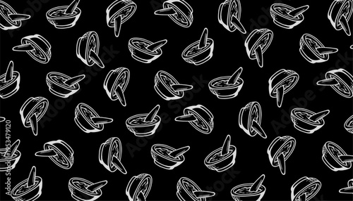 Mortar Pestle Seamless Pattern. Hand Drawn Kitchen Tool Illustration. Repeating Culinary Grinding Bowl Design. Minimal Outline Cooking Utensil Style. Decorative Food Preparation Background.