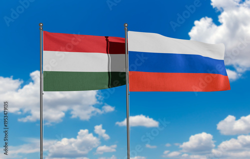 Photography Hungary and Russia Flags Flying Side by Side - Hungarian and Russian National Ba