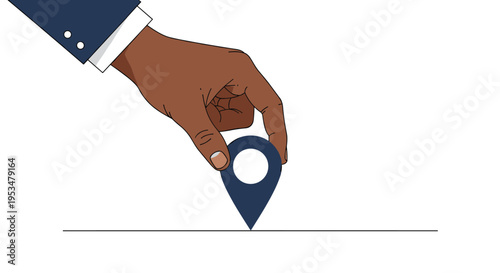 Close up of a dark skinned hand wearing a navy blue business suit placing a dark blue map pin icon on a simple black line against a white background.