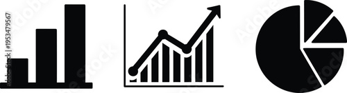 A set of three black business icons representing bar chart growth and a circular pie chart diagram
