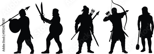 PrintSilhouette ancient warriors with weapons, spears, swords, shields, bows, arrows, mace, battle illustration, history
