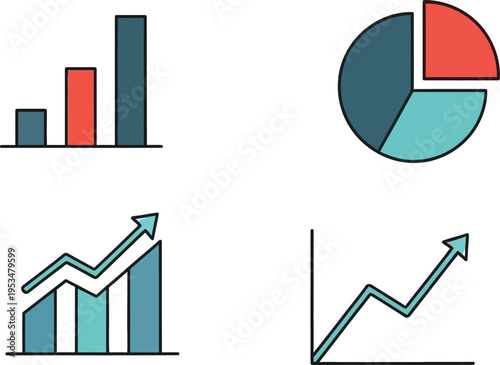 A collection of colorful flat business icons depicting various analytical charts and data graphs