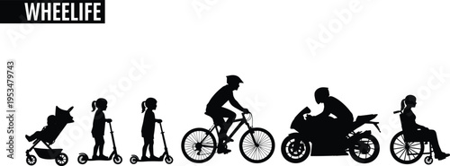 Black and white line of people riding various types of bicycles and motorcycles scooter line black and white