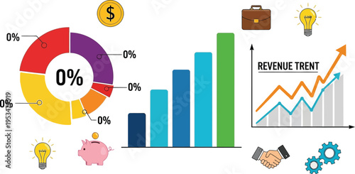 Comprehensive business infographics featuring financial growth charts and analytical pie diagrams