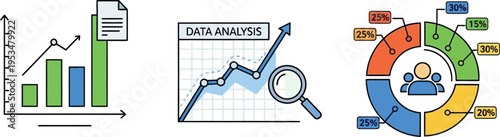 A collection of colorful flat icons illustrating data analysis, business growth and chart metrics