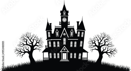 Haunted house silhouette illustration, spooky gothic mansion with bare trees, Halloween theme design, eerie night scene, horror architecture vector artwork