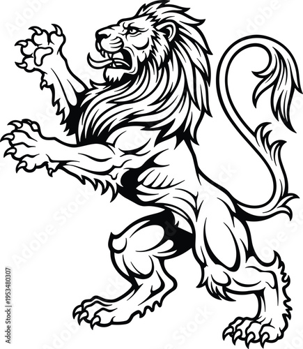 Heraldic lion vintage engraving illustration, fierce roaring beast emblem, medieval coat of arms design, detailed line art, powerful symbol graphic