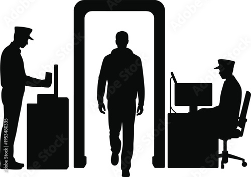 PrintSilhouette illustration of security checkpoint with officers, metal detector screening, safety protection airport facility concept