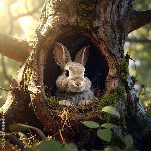 A white rabbit in a tree hollow