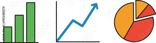 A collection of colorful business data visualization icons including bar chart line graph and pie