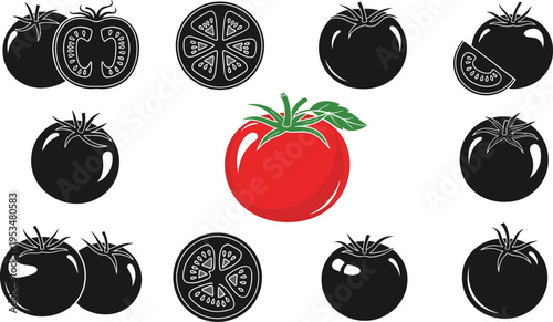 Red tomato standout among black tomato pattern, minimal contrast concept, creative food illustration, modern flat design background, healthy produce theme