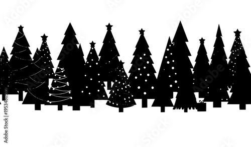 A minimalist Christmas tree forest silhouette with decorative trees