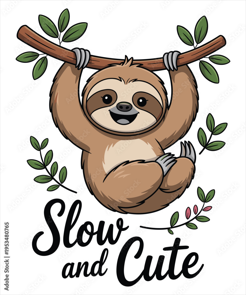 Obraz premium Happy cartoon sloth hanging from a tree branch with green leaves