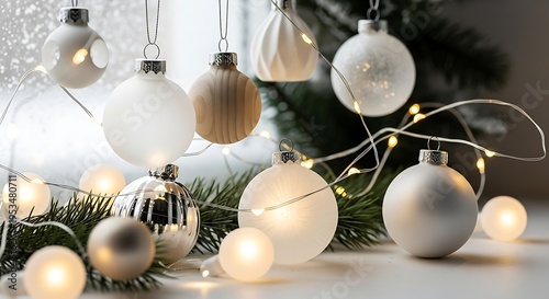 Elegant White Christmas Ornaments Collection: Winter Holiday Decoration with Twinkling Lights and a touch of modern festive cheer