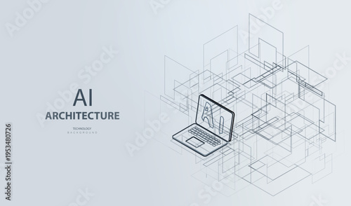 Architecture ai drawing gray web banner. Innovation smart designer technology background. Future urban architecture isometric buildings with laptop vector. Digital futuristic intelligence sketch.