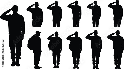 A collection of black silhouettes showing military soldiers standing in attention and saluting