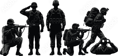 A detailed silhouette illustration featuring a group of soldiers in various combat postures today